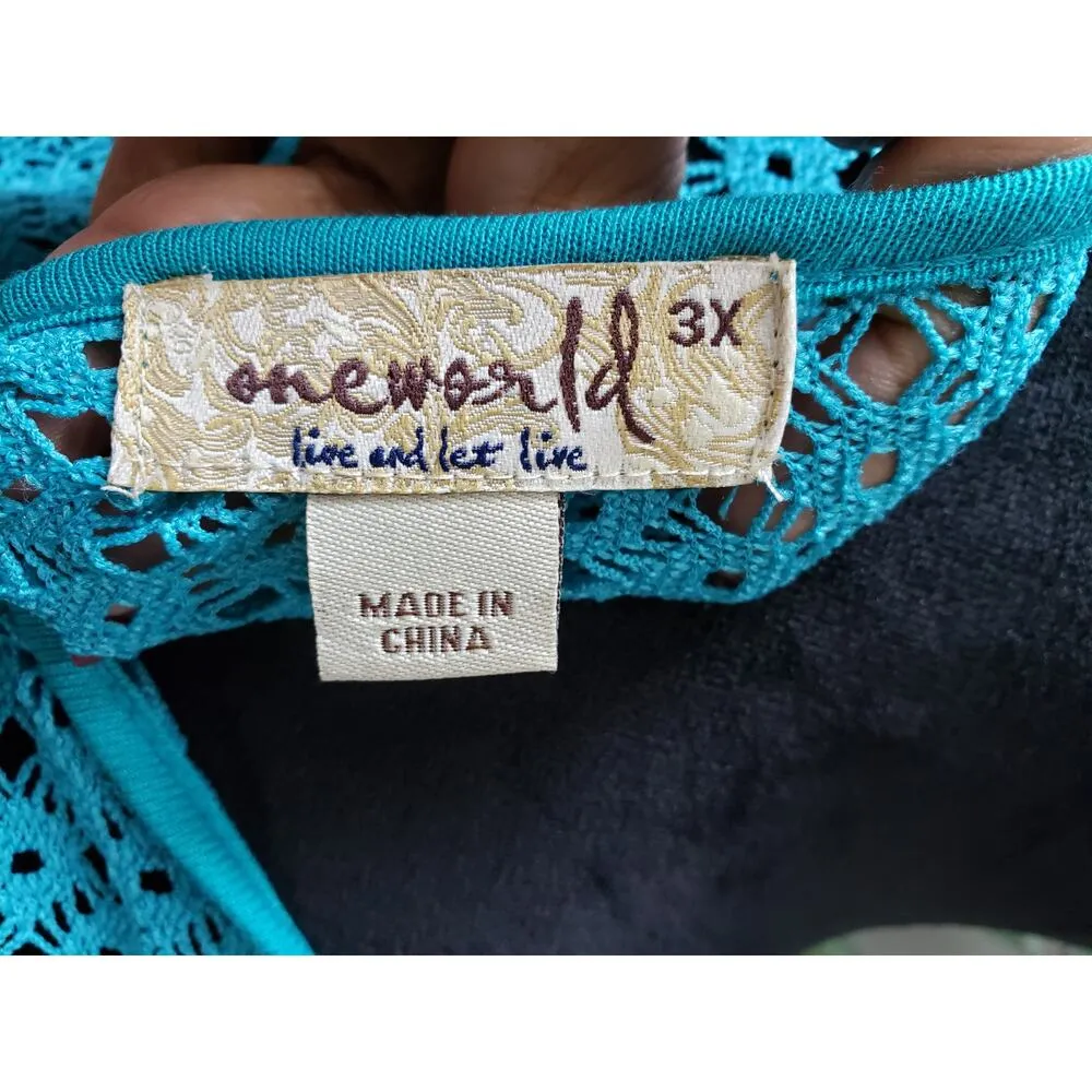 One World Top Blouse Women 3X Turquoise Blue Layered Lace Lined Rayon Scoop Neck - Image 4
