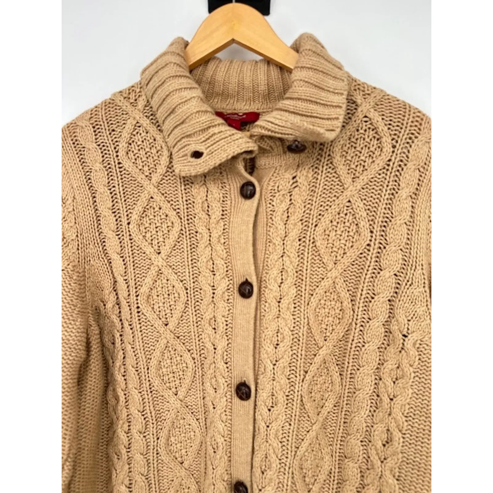 Liz Claiborne Camel Brown Cable Knit Long Cardigan Sweater XL Fisherman Chunky - Image 2