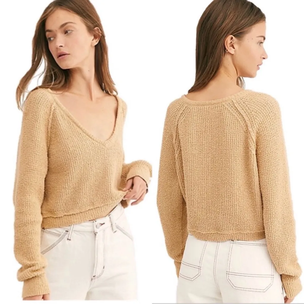 Free People V-Neck High Low‎ Slouchy Cropped Textured Knit Sweater Camel Size XS - Image 4