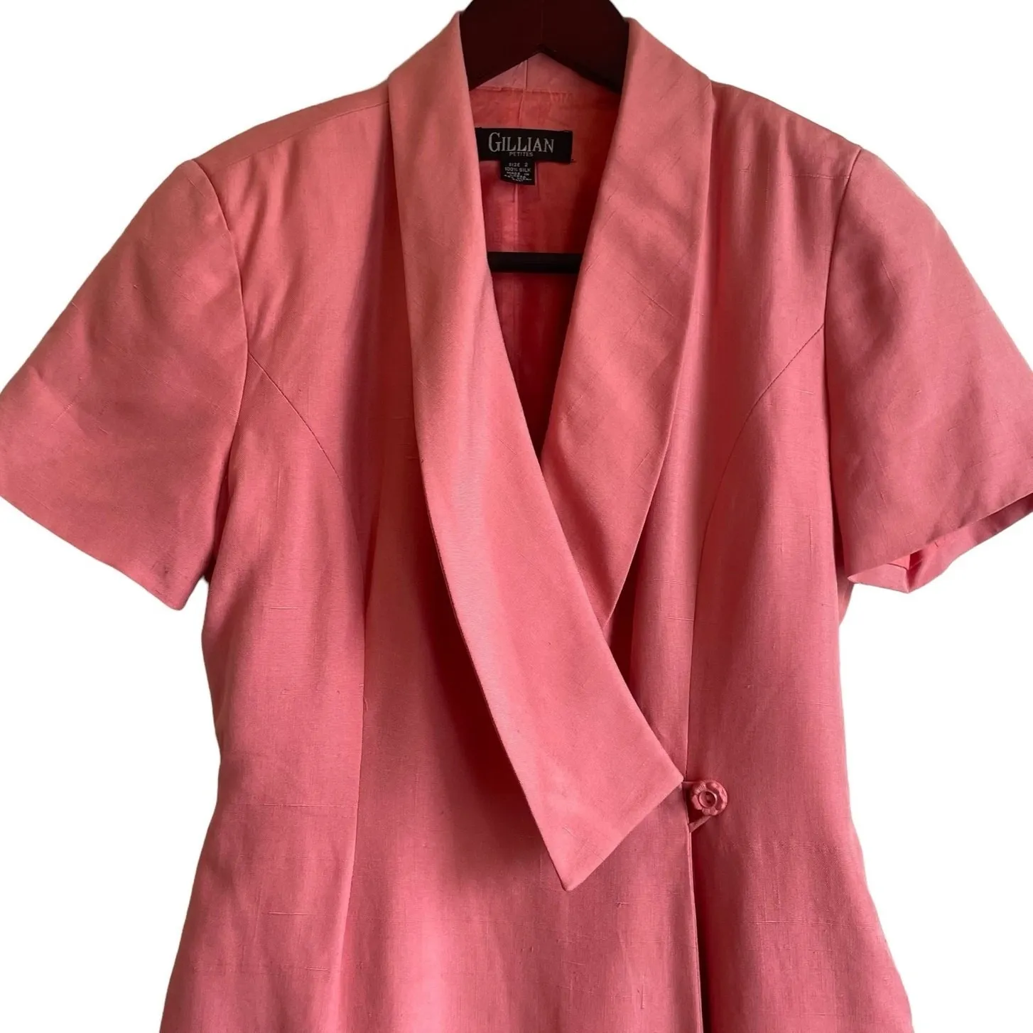 Vintage Gillian Women Silk Shift Wrap Dress 2 Coral Oversized Collar Career Orange - Image 7