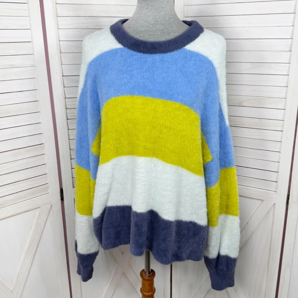 Aerie Flurry Rugby Stripes Fuzzy Oversized Crew Neck Sweater‎ Blue Green Medium - Image 2