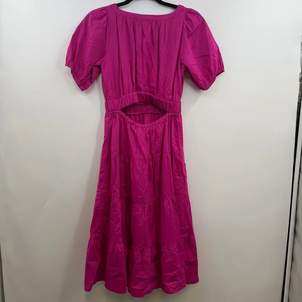 LOFT Midi dress hot vibrant pink short puff sleeves V-neck Open back cutout XSP - Image 6