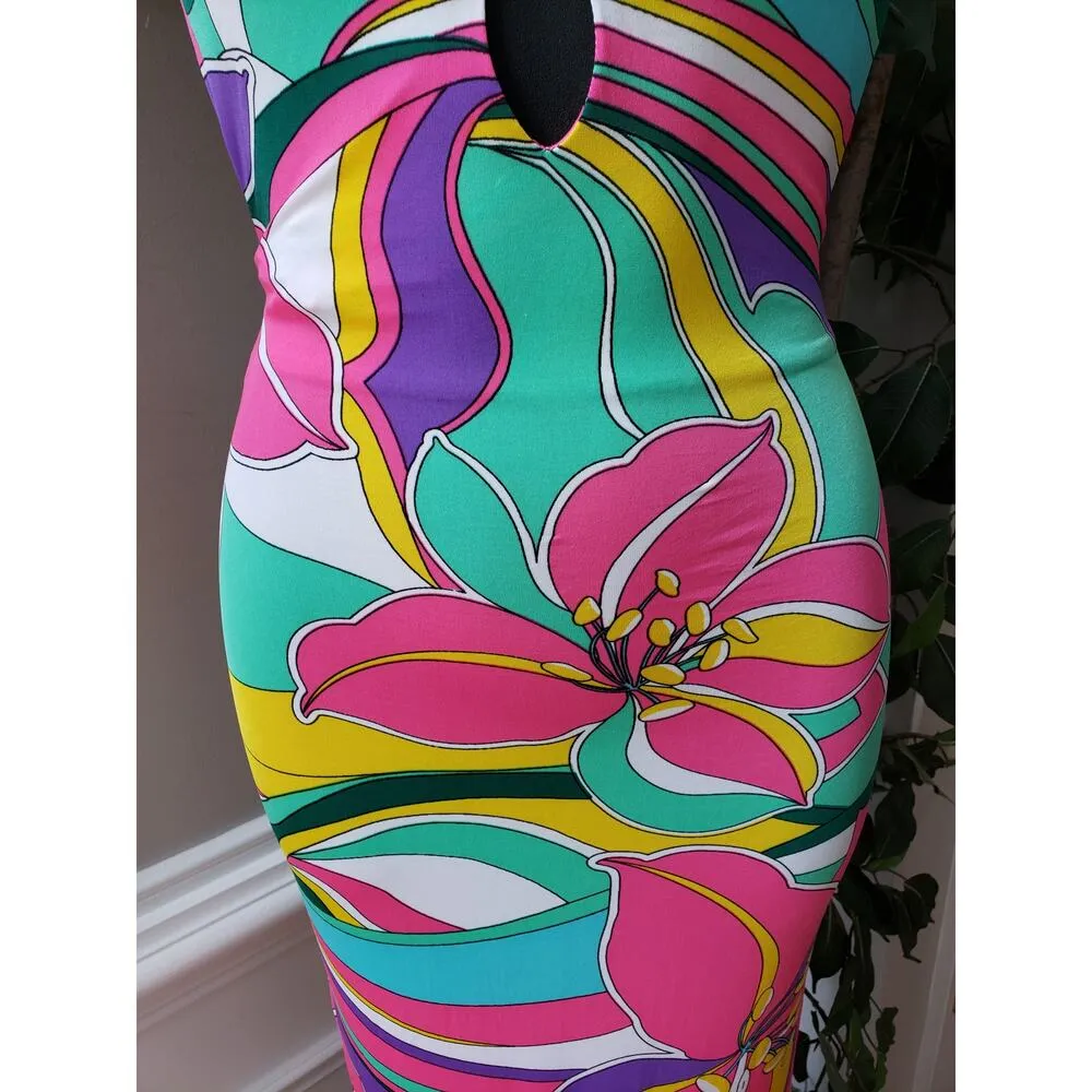 Spring Haze Long Maxi Dress Women's S Multicolor Floral Cutout Open Back V Neck Pink - Image 3