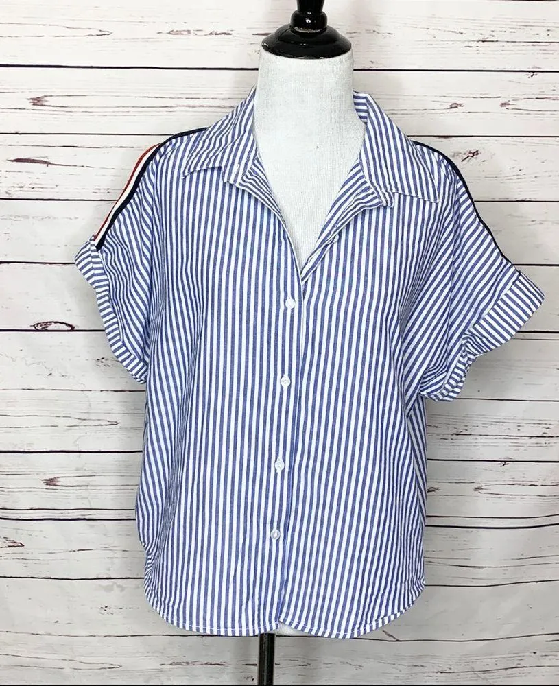 Japan Blue & White Courier Stripe Casual Button Down Top Size Large - Image 2