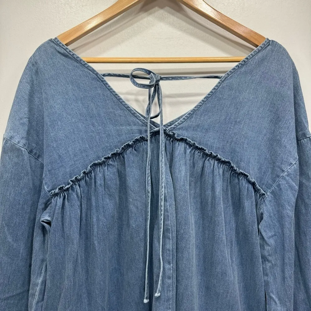Denim Chambray Babydoll Swing Dress Mittoshop Long Sleeve Pleated Western Boho - Image 13