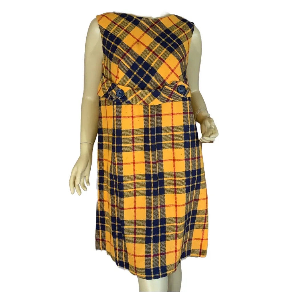 VINTAGE 1960'S M.H. FINE CO YELLOW & BLUE PLAID WOOL BLEND SHIFT DRESS (12) - Image 3