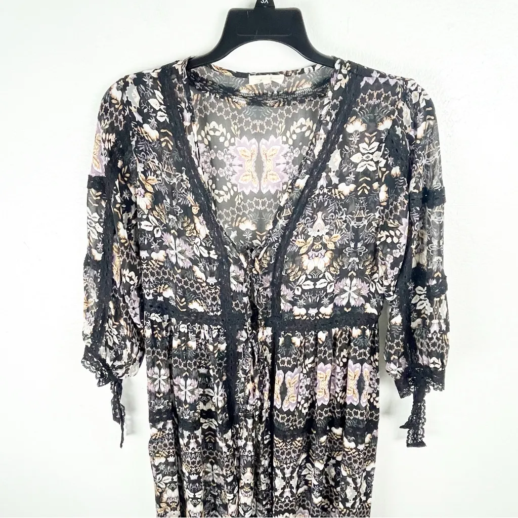 EASEL Black Floral Sheer Lace Inset Double Front Ties Kimono Cardigan Medium - Image 8