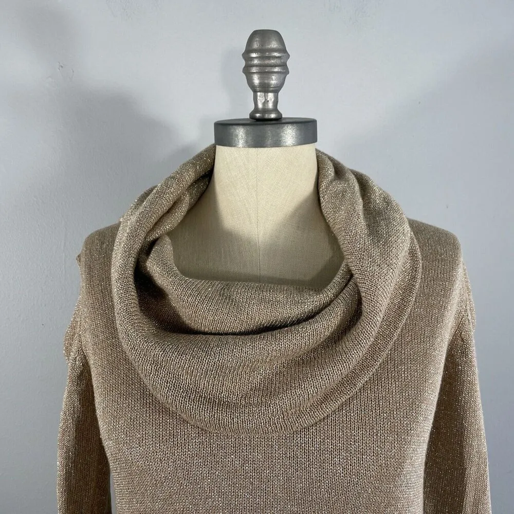 Jones New York Fitted Top Cowl Neck Sweater Brown Gold Metallic Shimmer Womens M - Image 2