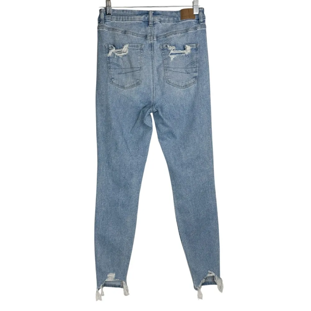 American Eagle Sz 8 LONG Curvy Hi Rise Jeggings Light Wash Distressed - Image 4