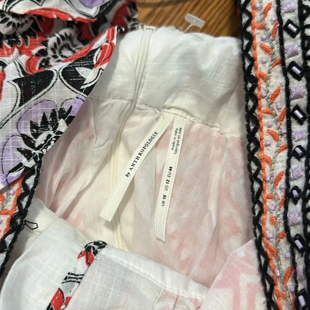 Anthropologie Beaded embroidered Bohemian Floral Print mini dress cotton 12 - Image 4