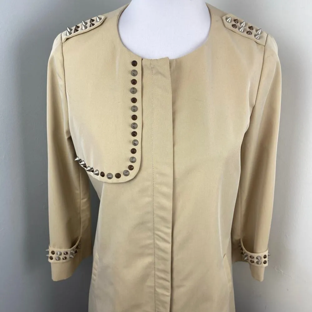 Gryphon Khaki Spike Studded Full Zip Trench Coat Silver Size M - Image 2