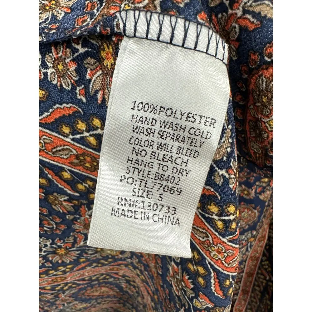 Umgee Womens Boho Peasant Top Size S Navy Blue Orange Paisley Oversized Shirt - Image 7