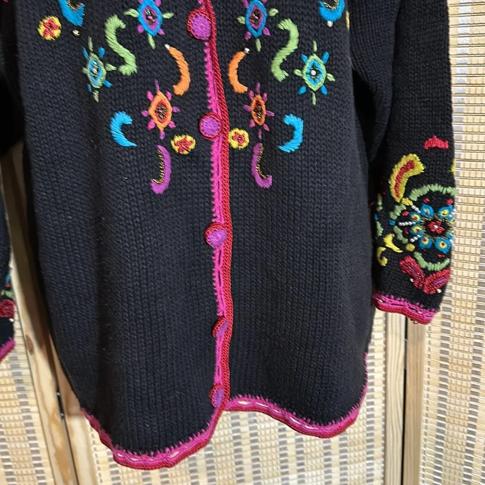 Work in Progress Classics Vintage 1990s Black Floral Knit Cardigan Sweater Large - Image 7