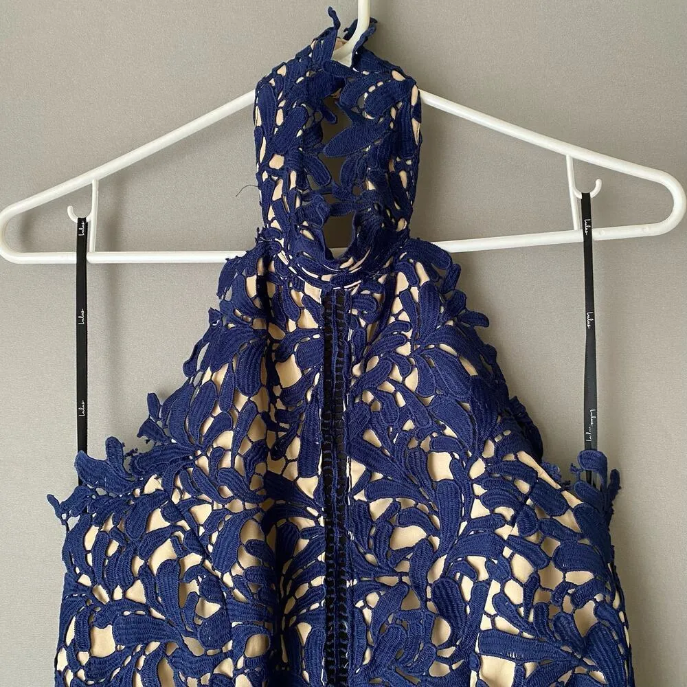 Lulu‘s sz S ‎ navy blue lace halter formal sheath cocktail dress - Image 3