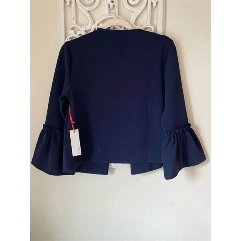S2‎ ELLE Coastal Navy Blue Bell Sleeve Ponte Jacket Size XS - Image 3