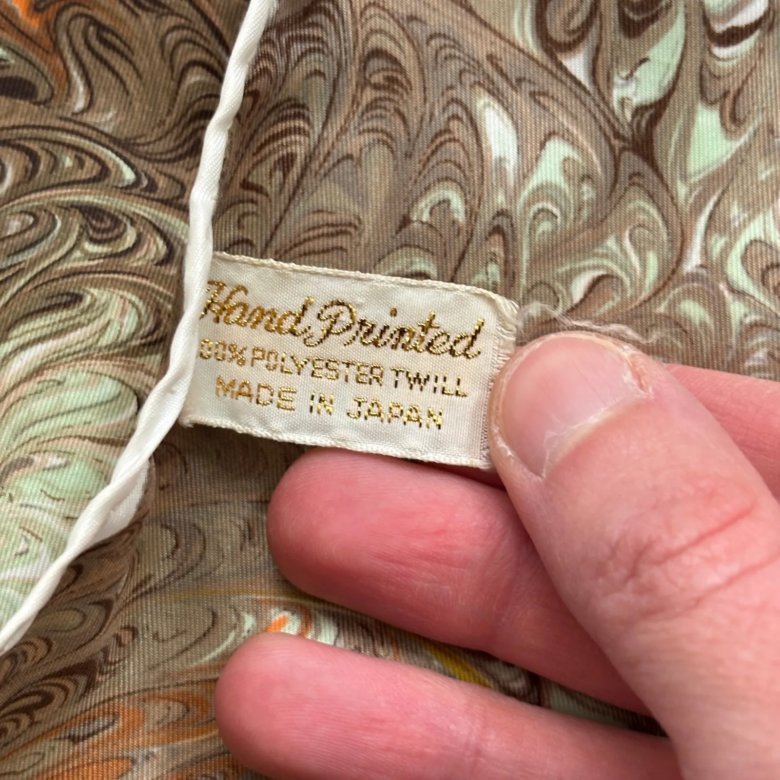 VTG Hand Printed Square Scarf Made in Japan Abstract Marbled Swirl Brown Green - Image 5