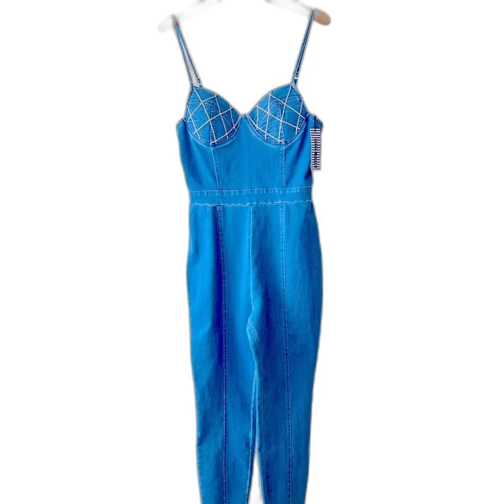 Women’s Sequin bustier denim bodycon jumpsuit skinny stretch size M. - Image 2