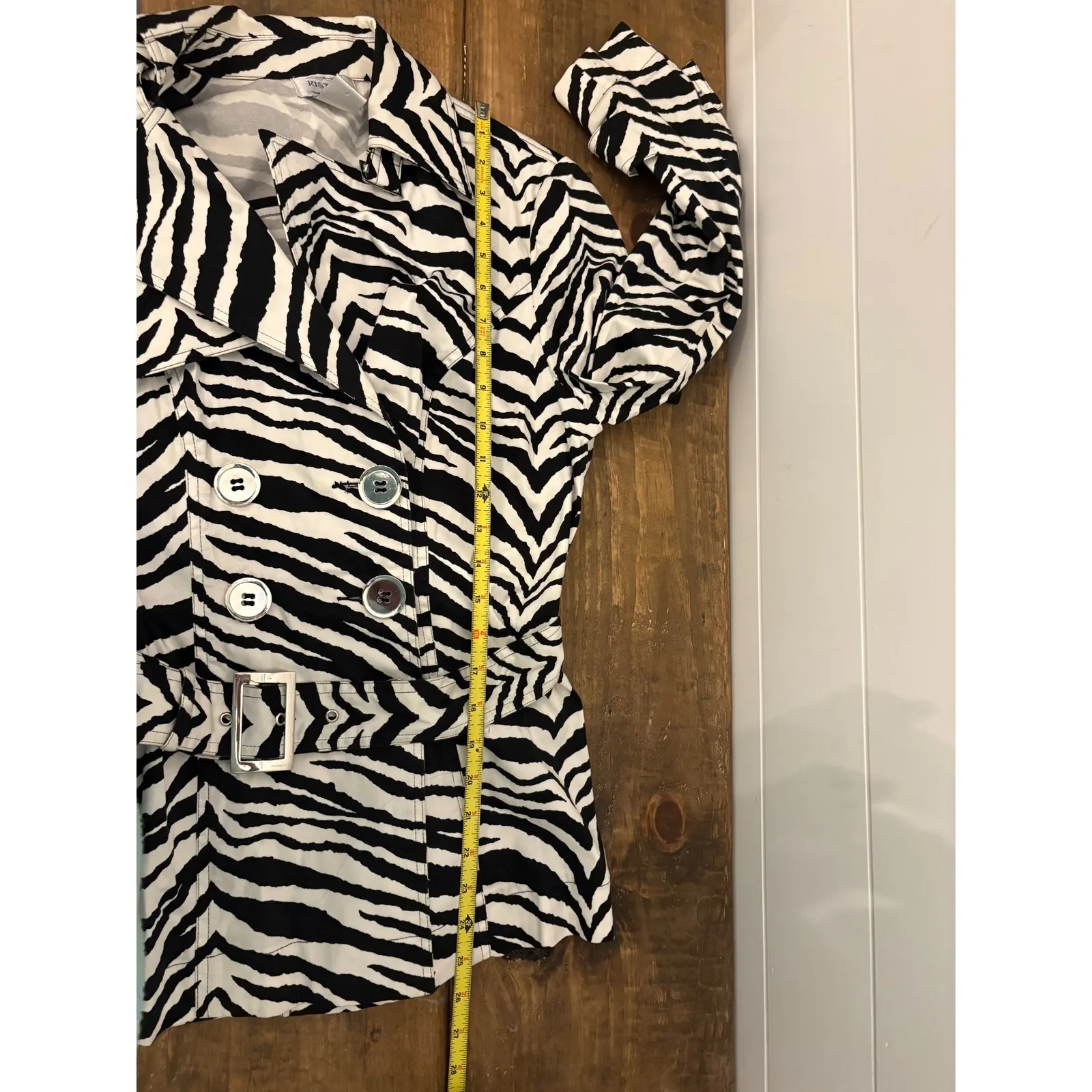 Just B Zebra Print Trench Coat Women's Small Belted Double Breasted Animal Black - Image 6