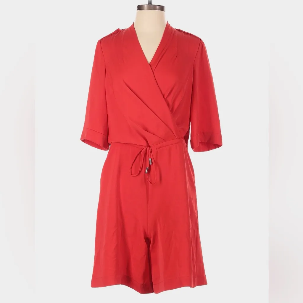 Karen Millen Wrap Front Romper Playsuit Size 4 Red Short Sleeve Tailored Chic - Image 5