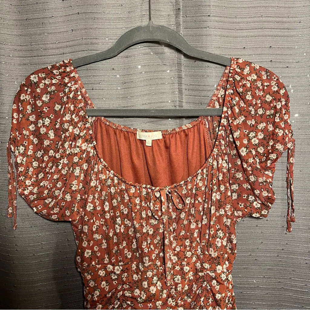 Ultra Flirt Mini Scrunch‎ Stretchy Lace Dress Dark Nude W/ Flowers Size XL - Image 12