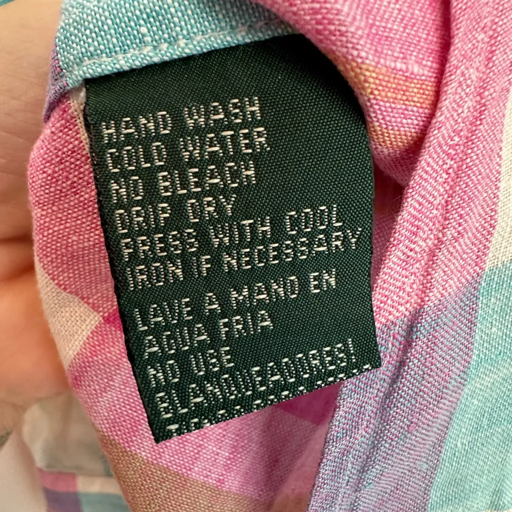 Vintage Ralph Lauren LRL 100% Linen Bright Pastel Plaid Blouse Size Large L - Image 12