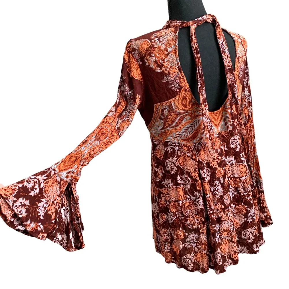 Free people Lady Luck Boho Long Bell Sleeve Tunic top blouse scoop tie back - Image 3