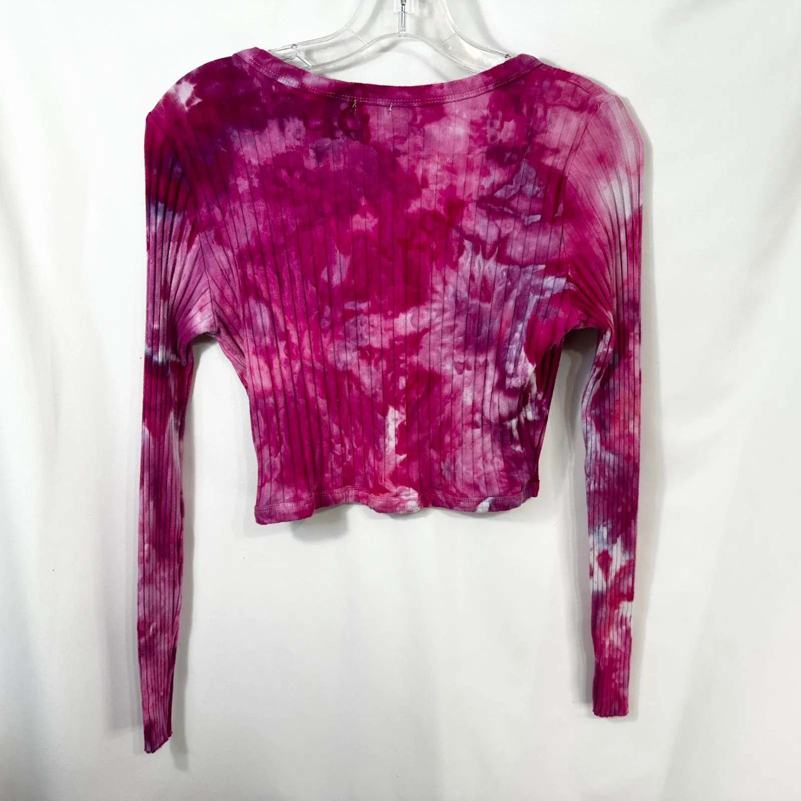 Aerie Medium‎ Crop Top Handmade Tie Dye Long Sleeve Hot Pink Knit Preppy 1025 - Image 3