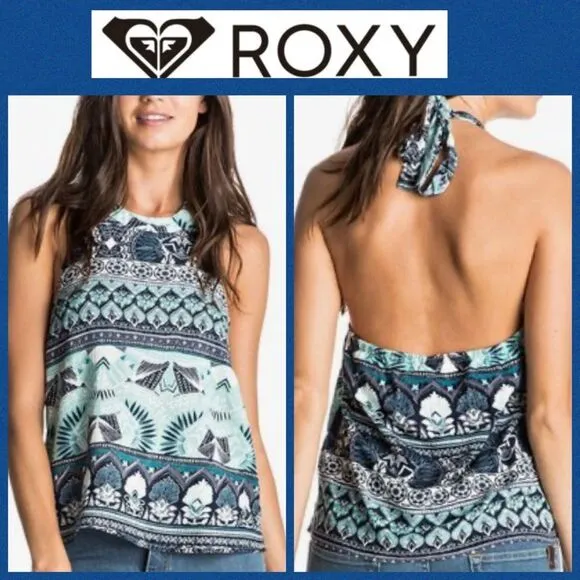 Roxy Blue Print Sleeveless Halter Top XS NEW - Image 2