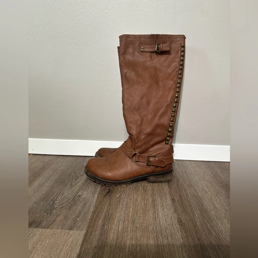 Breckelle Trooper Brown Studded Buckle Riding Knee High Boot - Image 5