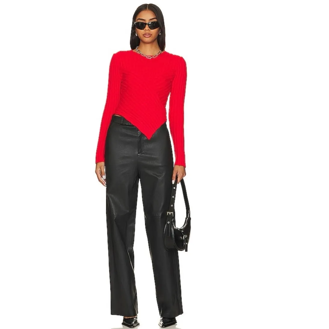 Steve Madden Melissa Red Rib Knit Asymmetrical Long Sleeve Sweater Top Size L - Image 4