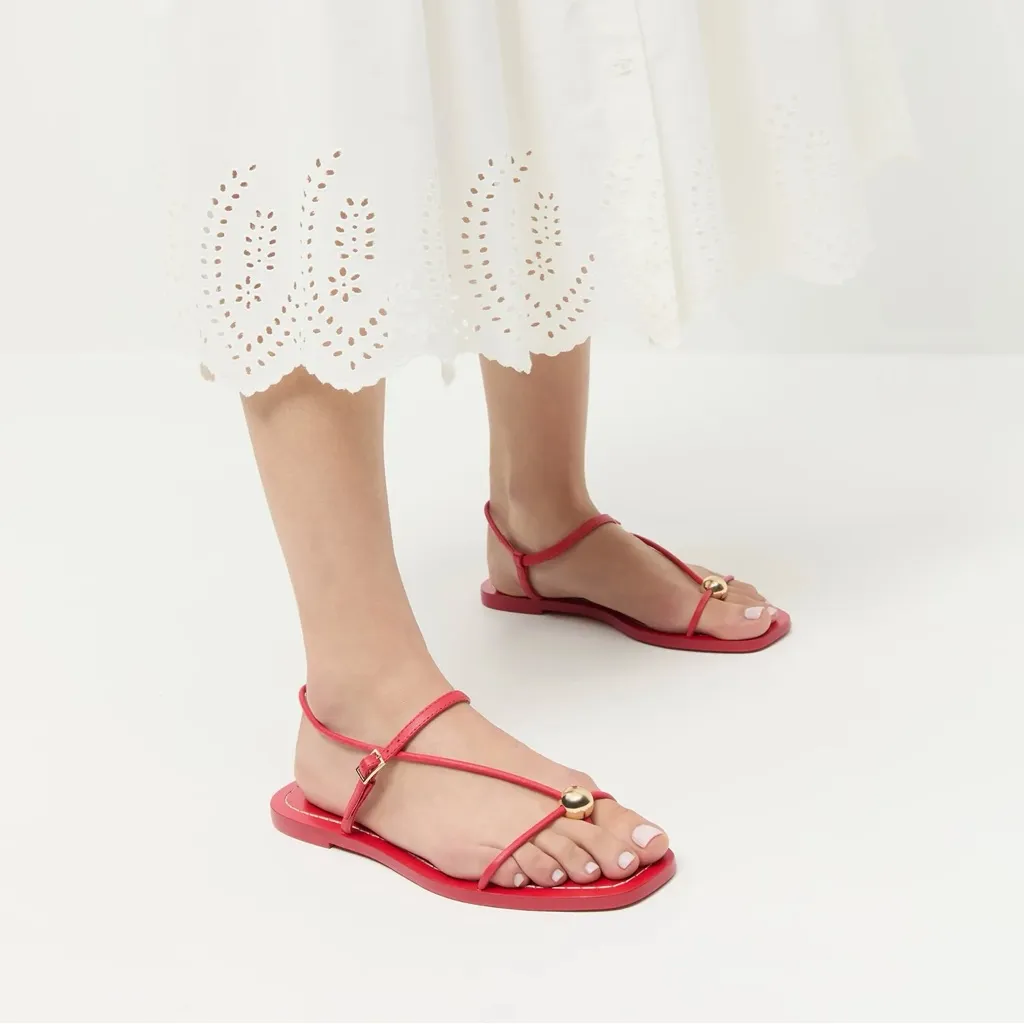 EUC Loeffler Randall Lara Flat Buckle Leather Sandal in Red and Gold Size 10 B - Image 9