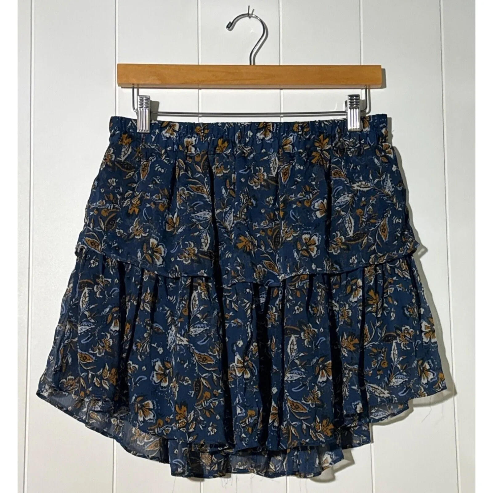 Drew  Medium Blue Brown Floral Tiered Ruffle Mini Skirt Boho - Image 2