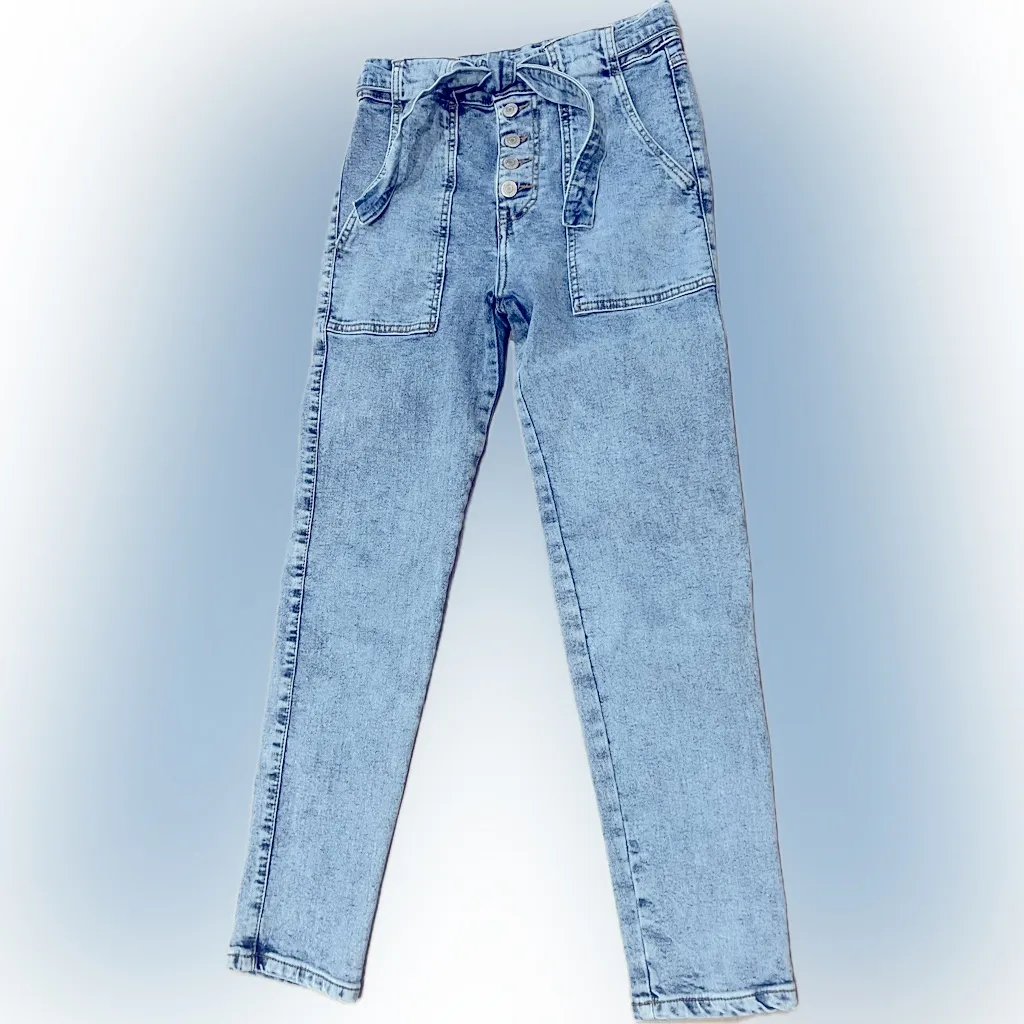 Denim jeans high waisted button fly with Tie Belt size 28 Blue - Image 2