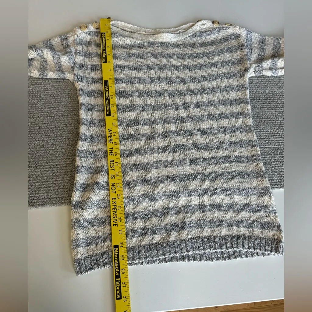 Market & Spruce Blue Ivory Striped Cotton Linen Button Shoulder Boatneck Sweater - Image 6