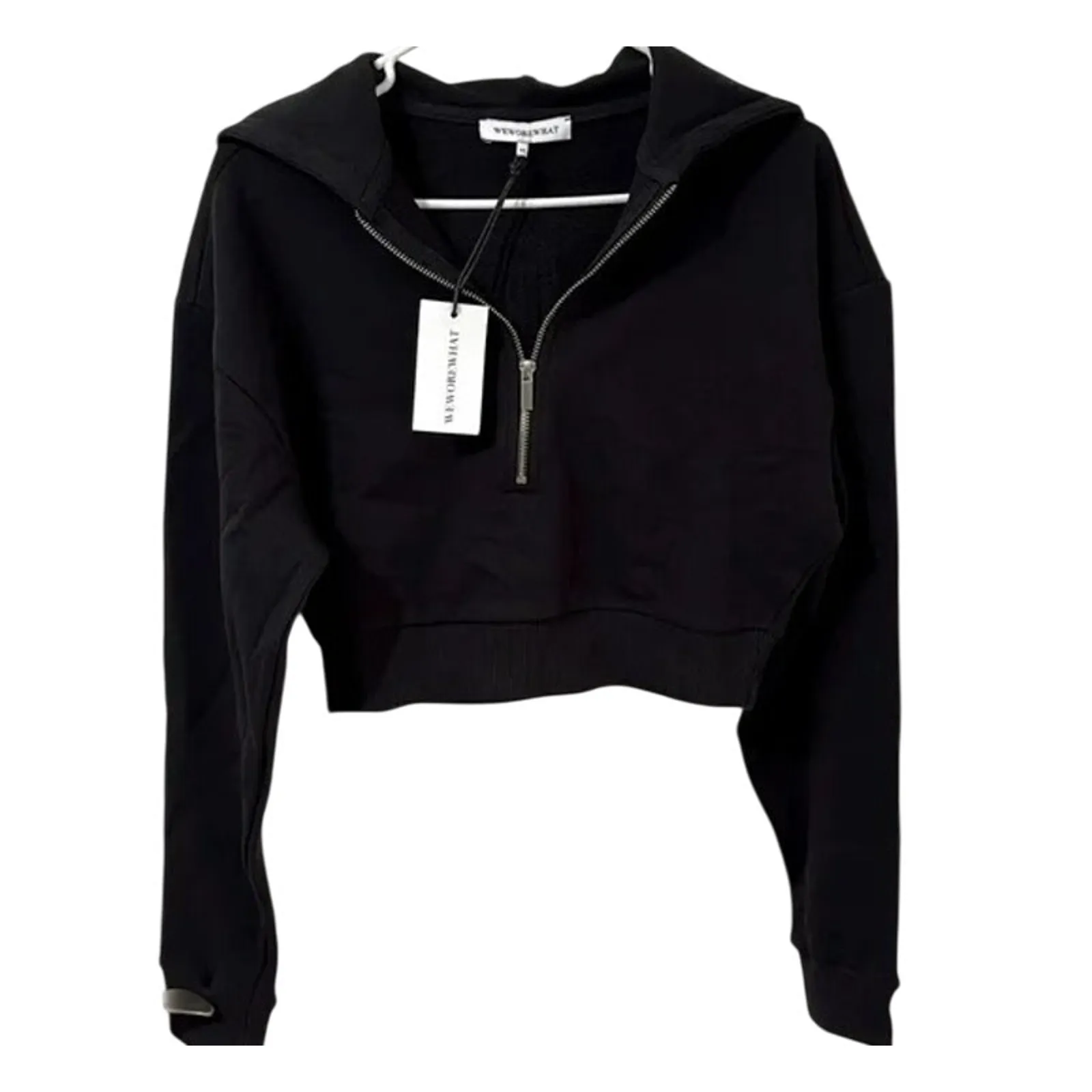 NWT WeWoreWhat Cropped Half Zip Fleece Cotton Hoodie Long Sleeve XS Black #4296 - Image 2