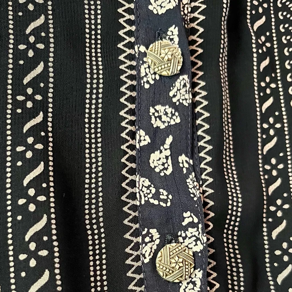 Vintage Boho Mixed Print Button Down Top Blouse Ethnic Border, Indie Folk Shirt Black Size 1X - Image 9