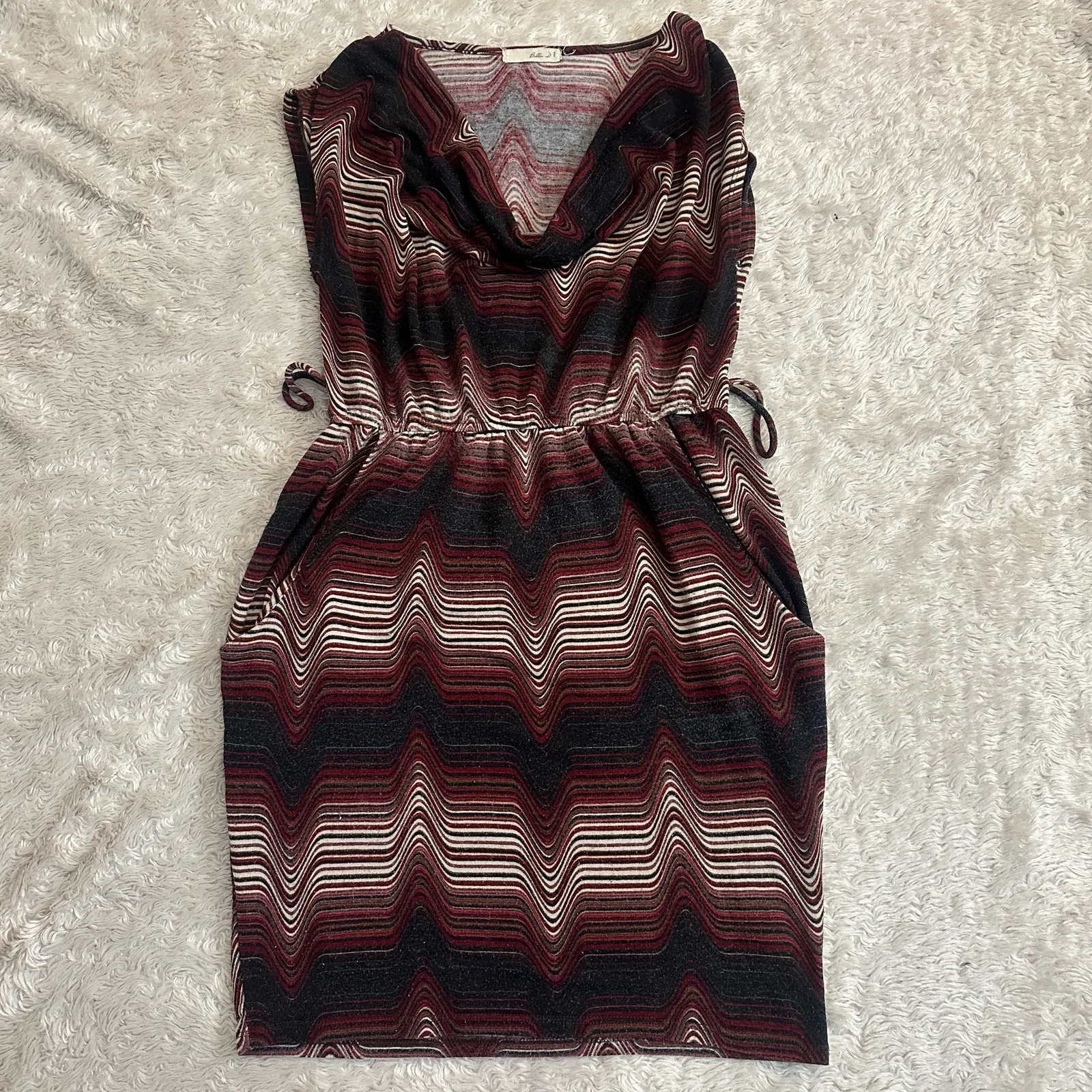 Cute Y2K 90s Cowl Neck Jersey Knit Mini Dress Trippy Psychedelic Pattern Red Size M - Image 3