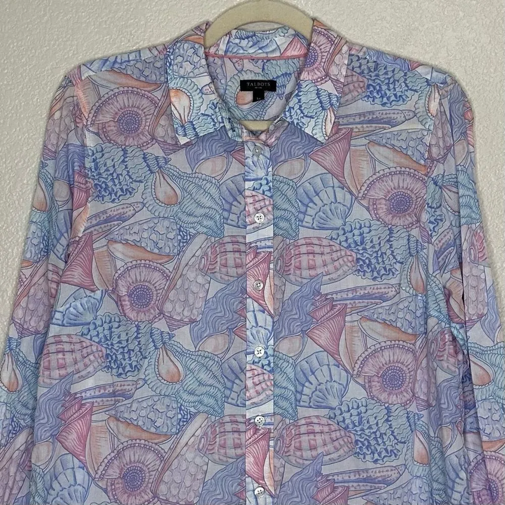 Talbots Seashells Print Long Sleeves Button Down Shirt, Sz Large Petite - Image 3
