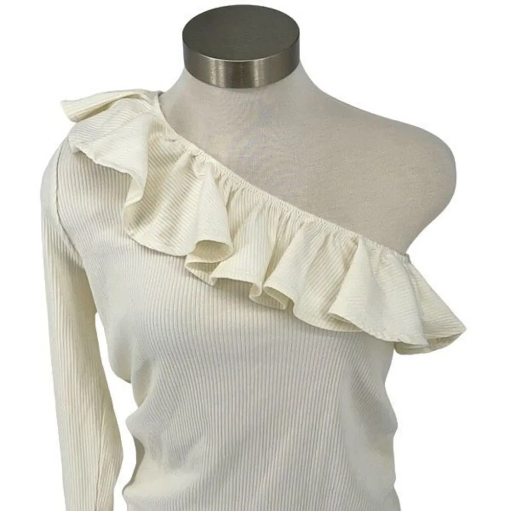 J.Crew Womens Ribbed Ruffled‎ Neck One Shoulder Top Blouse Cream Size Medium NWT - Image 4