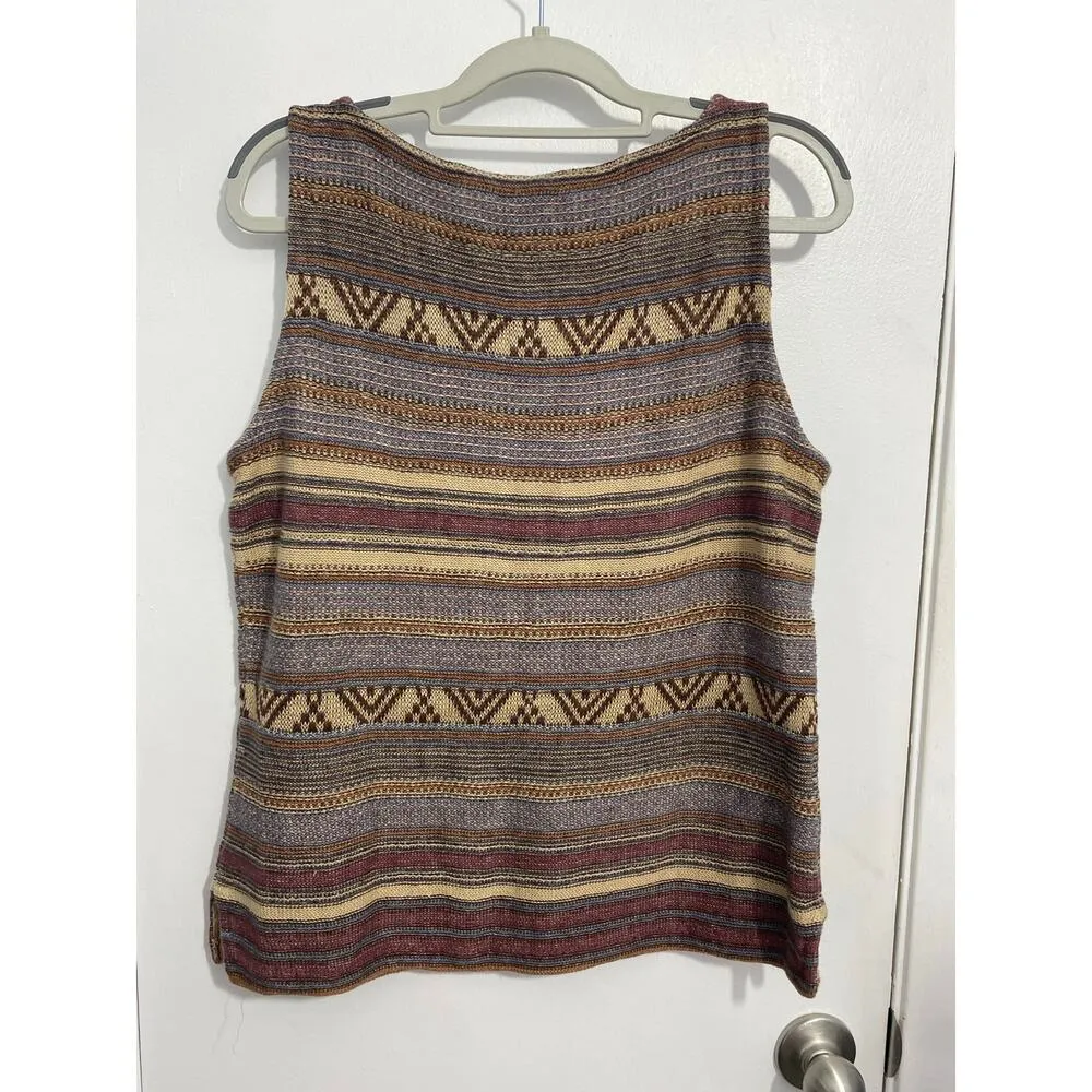 Vintage Lauren Jeans Co Sweater Vest Large Striped Linen Blend Lagenlook Preppy Tan - Image 3