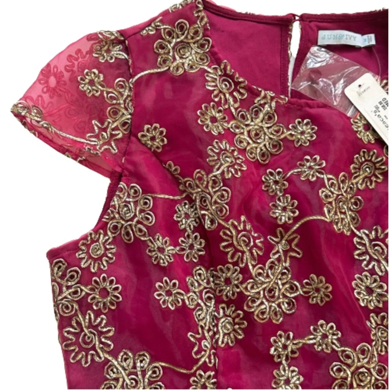 Jun Ivy Dress Berry Gold Floral Brocade Cap Sleeve Pleated Fit Flare Medium NEW - Image 8