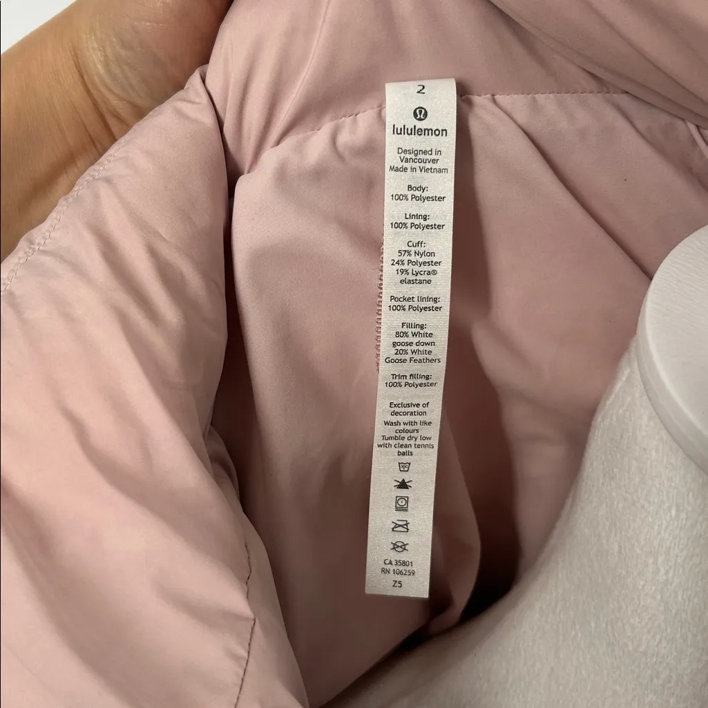 Lululemon Down Puffer Jacket Hooded Blush Pink Size 2 - Image 2