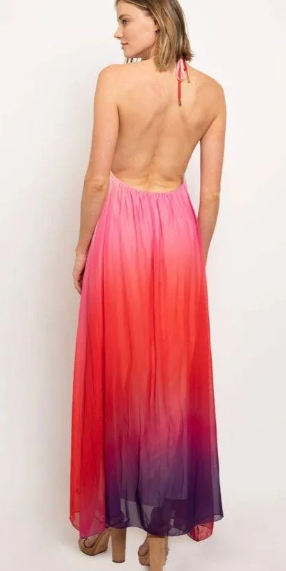 Colorful Ombré Pleated Backless Maxi Dress Pink Size L - Image 2