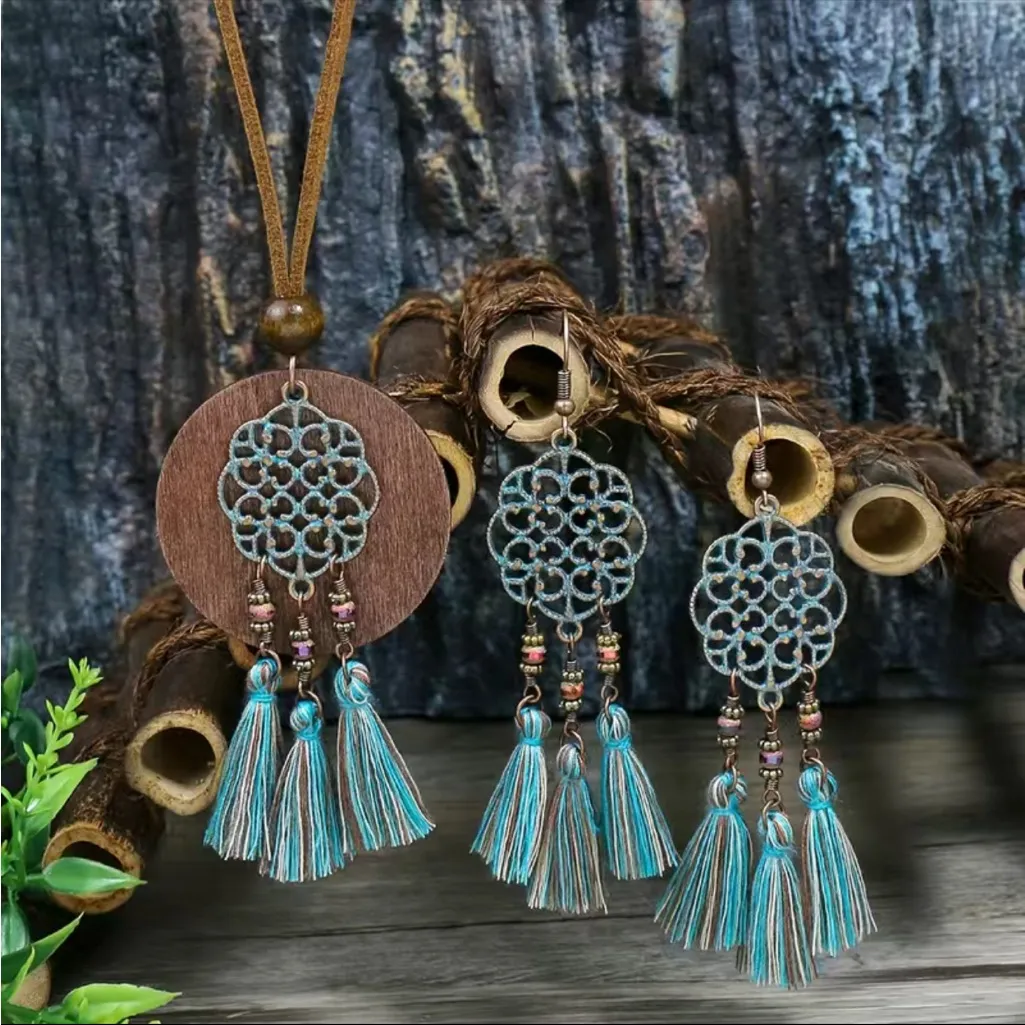 Boho Zinc‎ Alloy Wood Retro Design Tribal Necklace & Earrings Set Brown - Image 5