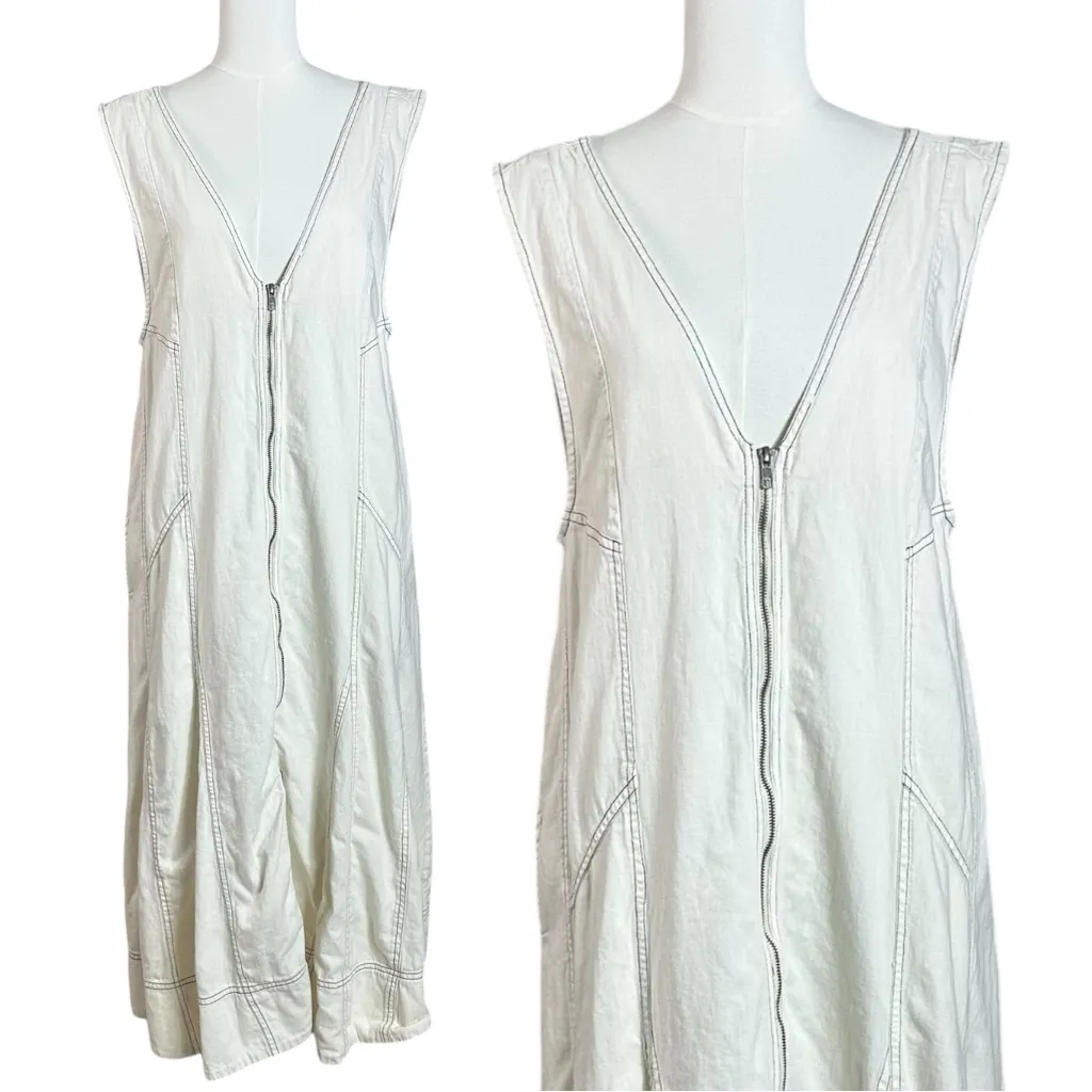 Free People Santino Denim Zip Front Midi Dress in Ecru Size Large Minimalist - Image 9