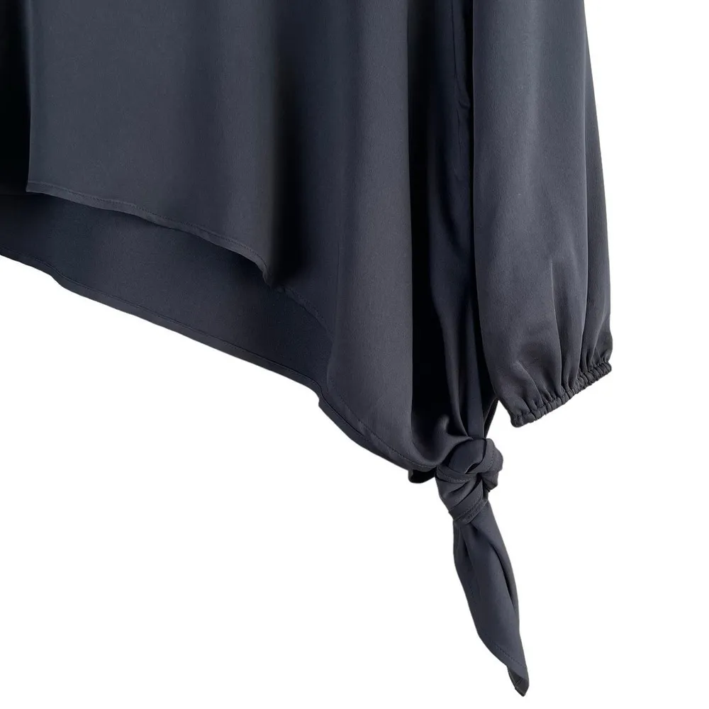 BCBGMAXAZRIA V-Neck Asymmetric Hem Side-Tie Long Sleeve‎ Blouse in Black, XS - Image 8