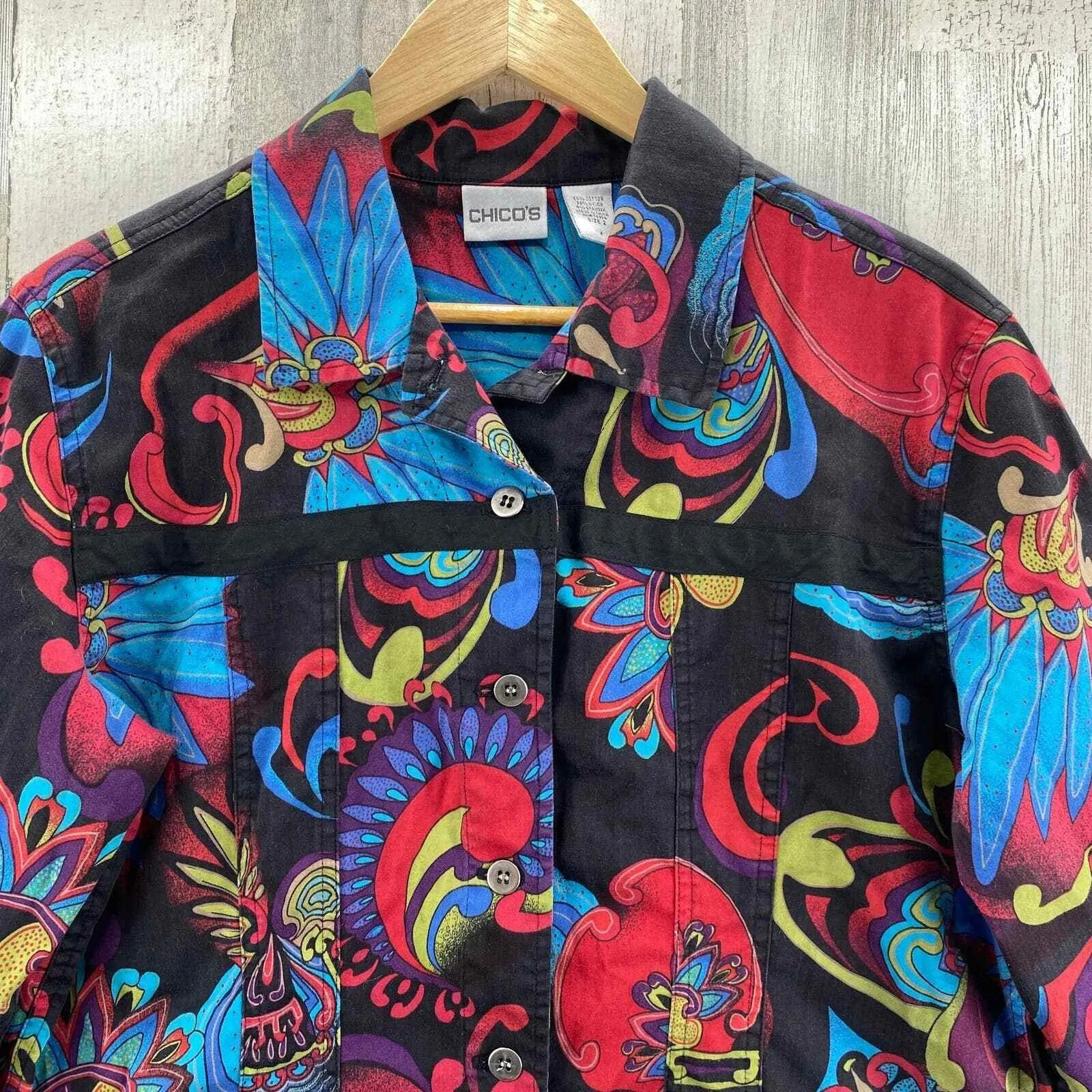 Chico's Boho Artsy Jacket Women 1 Med Black Multicolor Floral Print Cotton Blend - Image 4