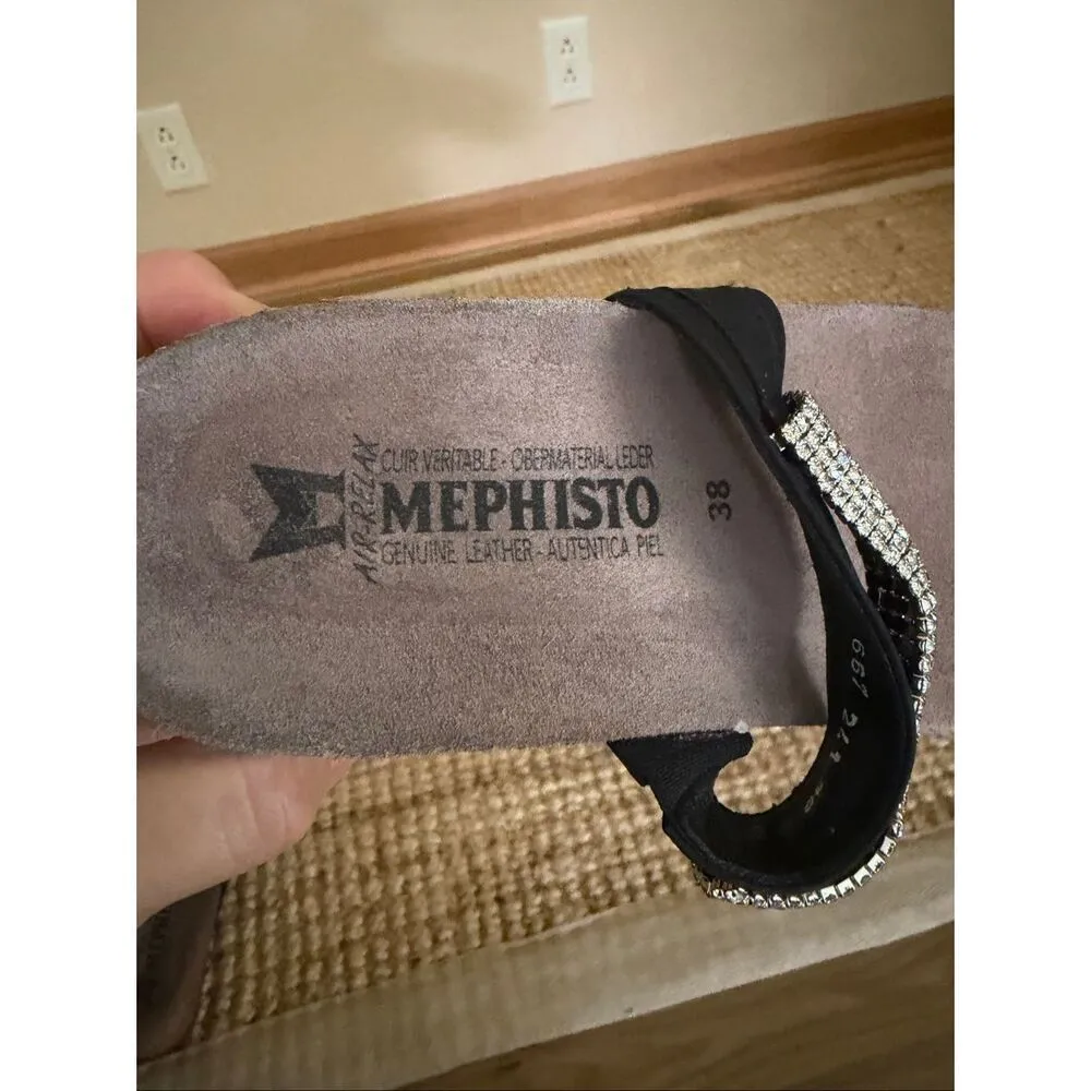 Mephisto Helen Spark Sandals 38 Black Rhinestone Cork Wedge Comfort Slides Size 7.5 - Image 4
