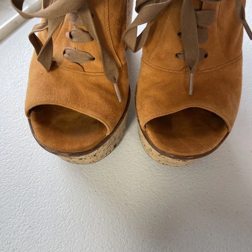 Gianvito Rossi Suede Cork Open Toe Lace Up Platform Shoes Orange/Beige Womens 37 - Image 6