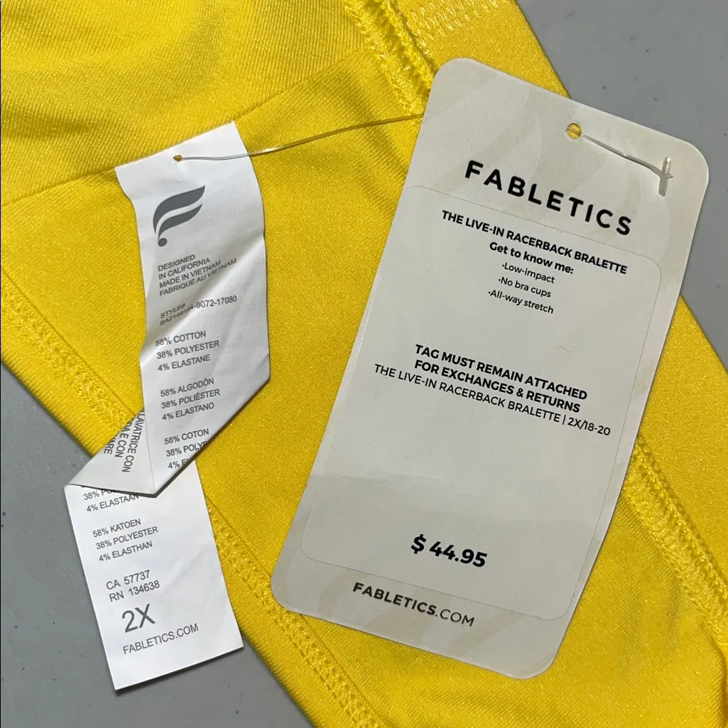 Fabletics NWT Size 2X 18-20 Yellow Low Impact The Live-In Racerback Bralette - Image 3